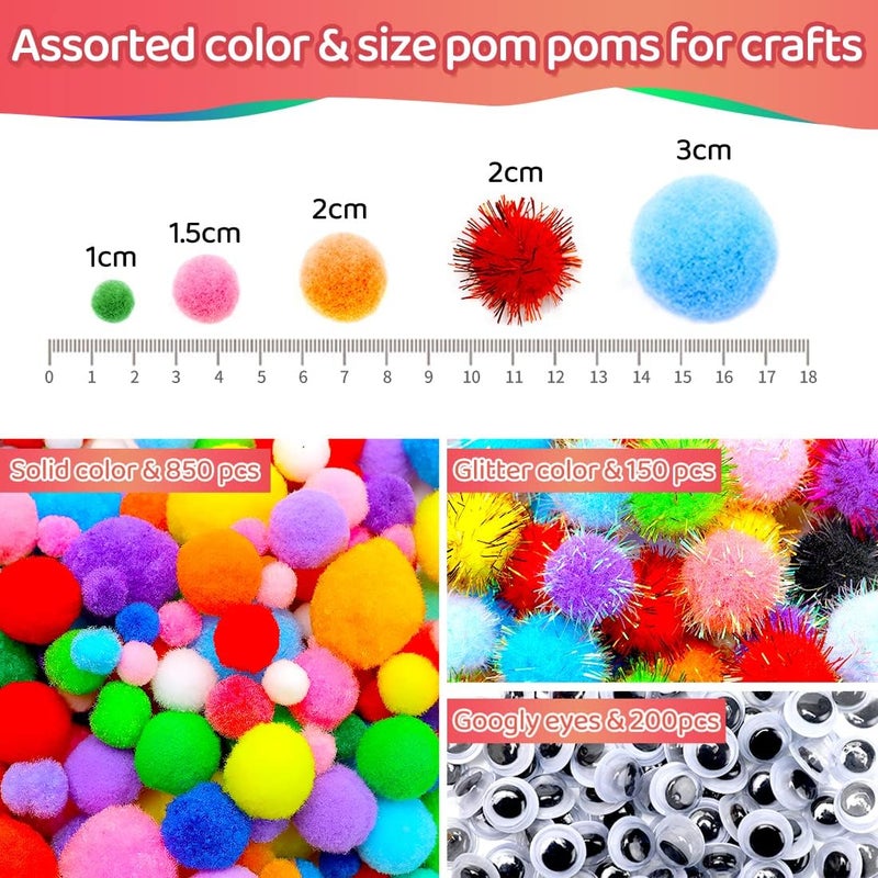 IOOLEEM Multi-Color Pom Poms, 1200pcs Assorted Size & Color, Pom Poms for Arts and Crafts, Pom Pom Balls with Wiggle Eyes in jar, Glitter Pom Poms, Craft Supplies. - Image 1